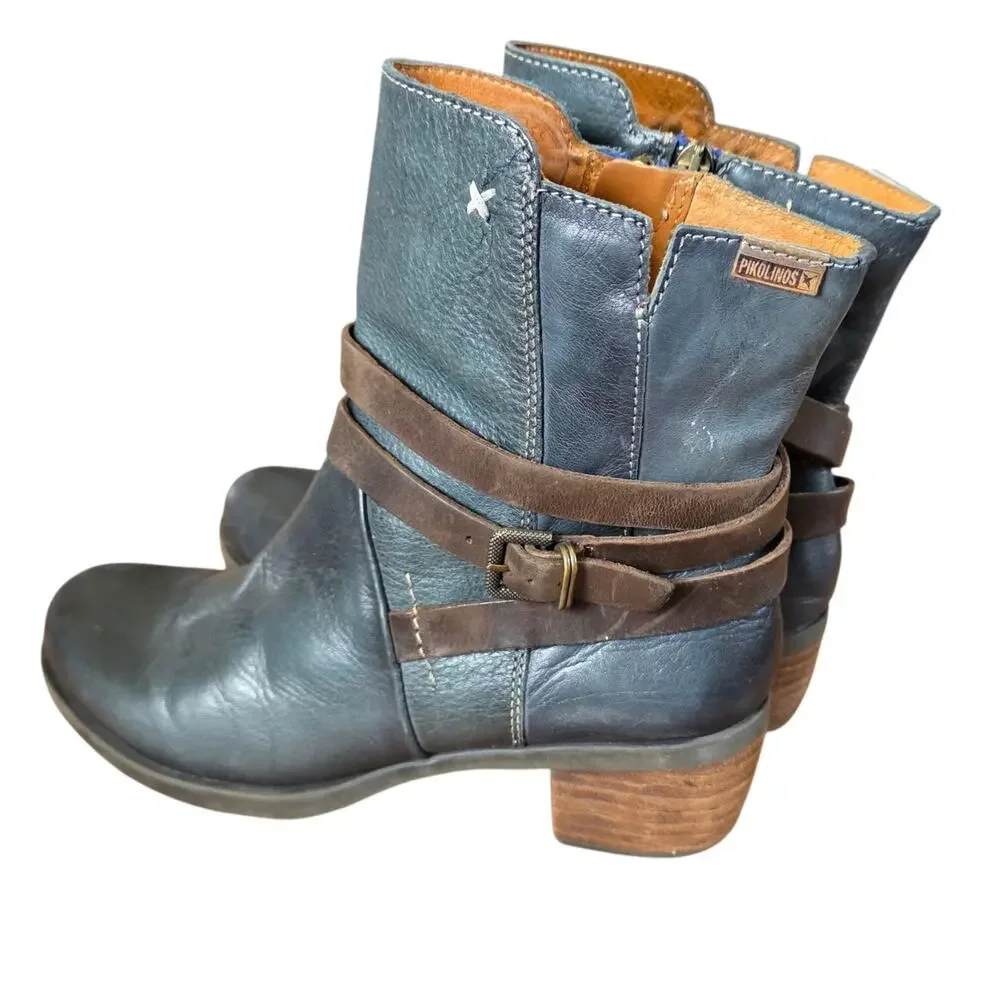 Pikolinos Le Mans Blue Green Petrol Teal Leather Mid Strap Ankle Boots 39